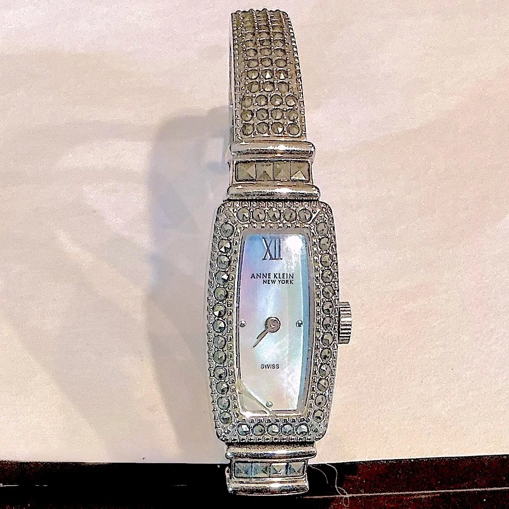 Vintage Anne Klein Marcasite Bracelet Watch Mother of Pearl